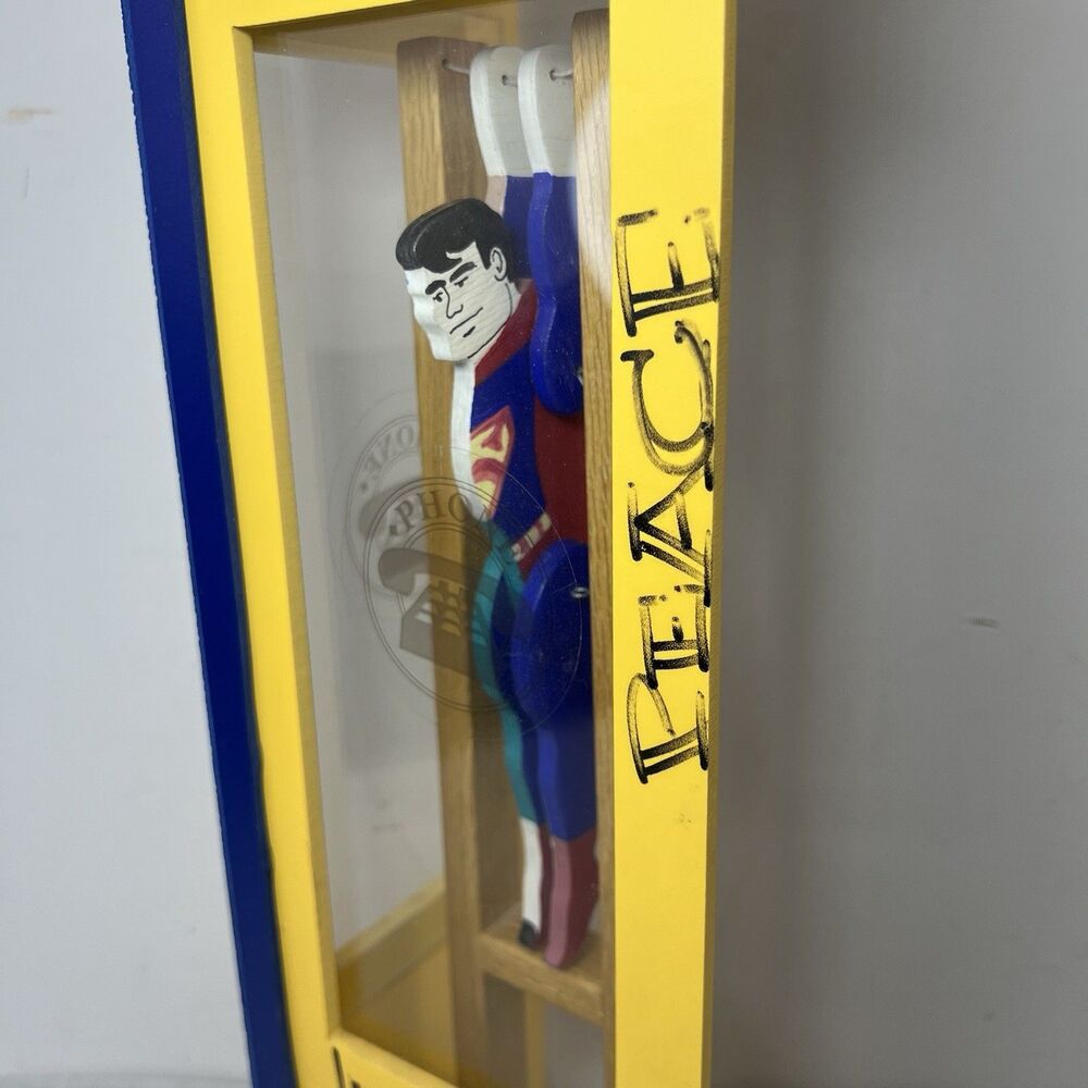 Vintage Wooden Jointed Superman/Clark Kent Swinging Toy in Graffiti Phone Booth